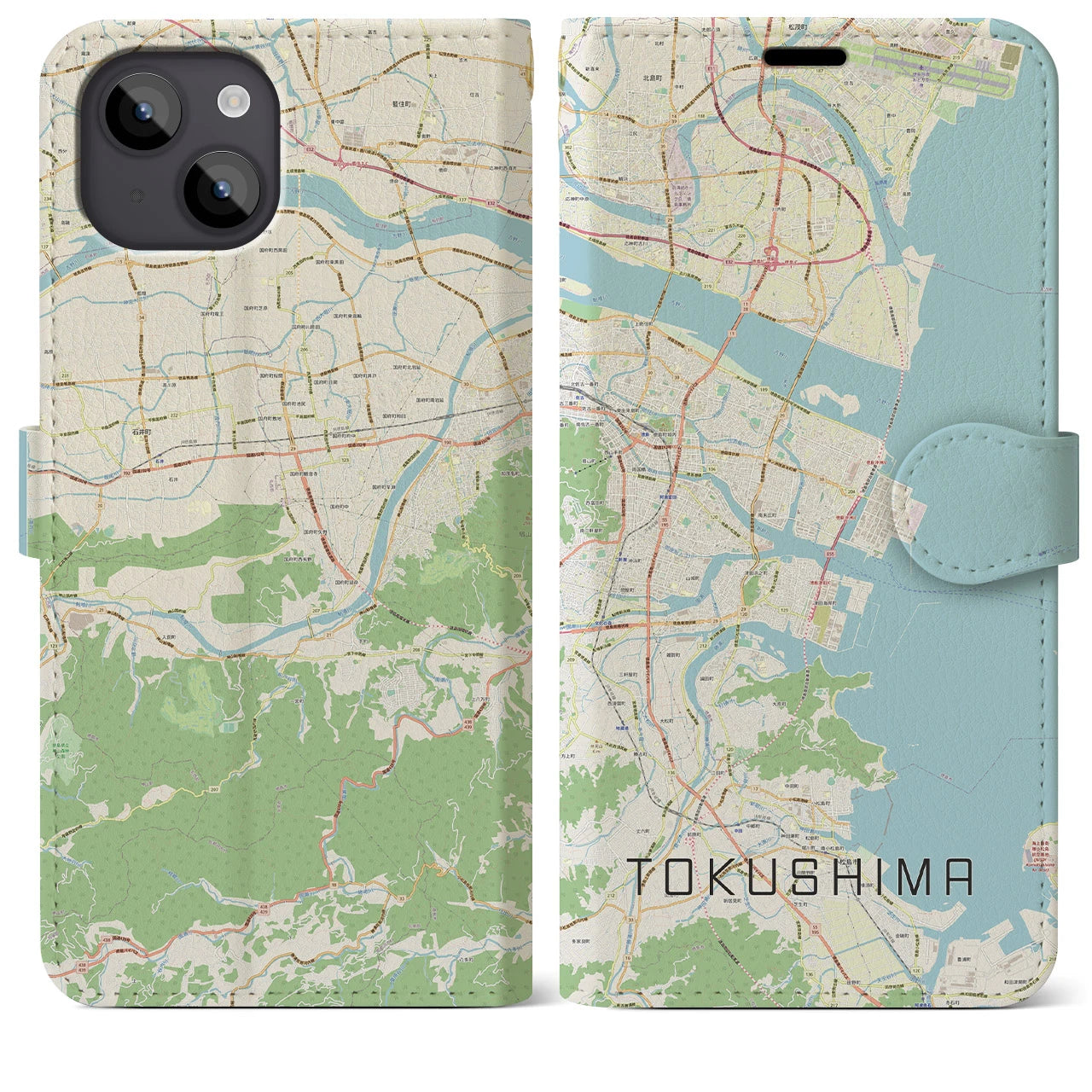 【徳島】地図柄iPhoneケース（手帳両面タイプ・ナチュラル）iPhone 14 Plus 用
