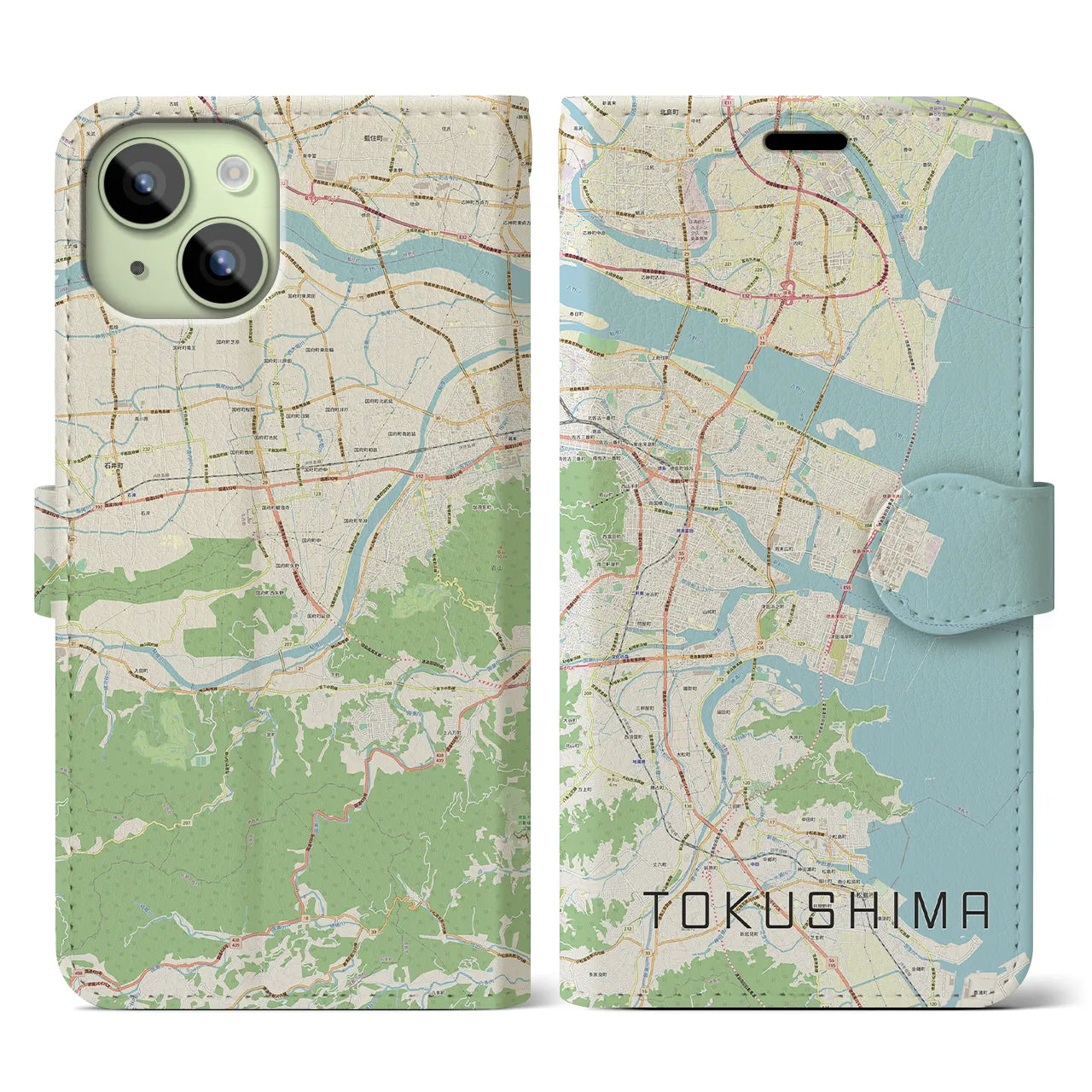 【徳島】地図柄iPhoneケース（手帳両面タイプ・ナチュラル）iPhone 15 用