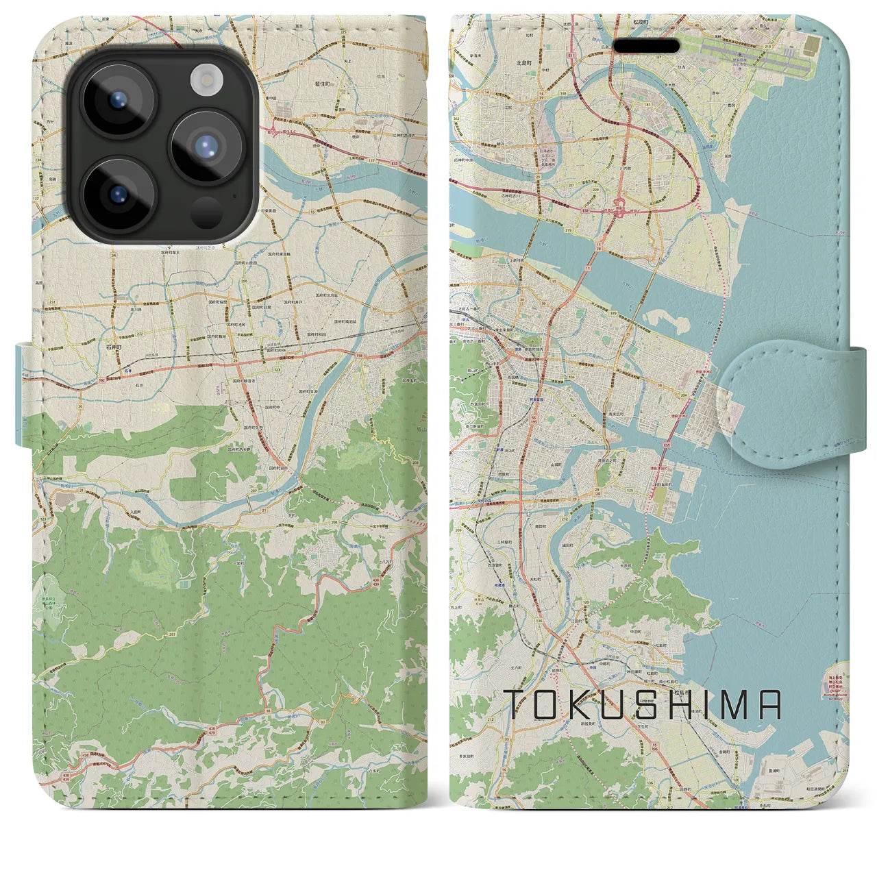 【徳島】地図柄iPhoneケース（手帳両面タイプ・ナチュラル）iPhone 15 Pro Max 用