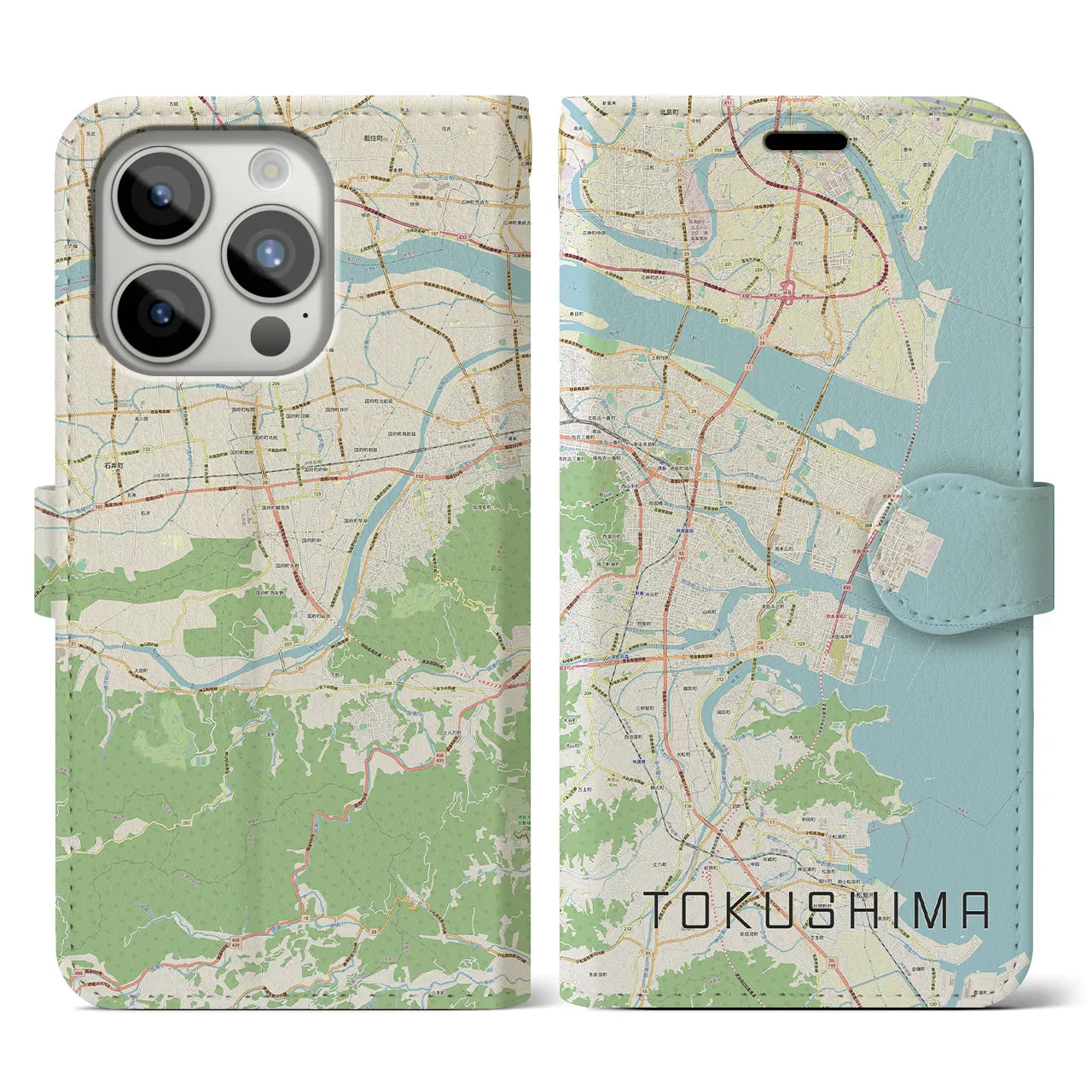 【徳島】地図柄iPhoneケース（手帳両面タイプ・ナチュラル）iPhone 15 Pro 用
