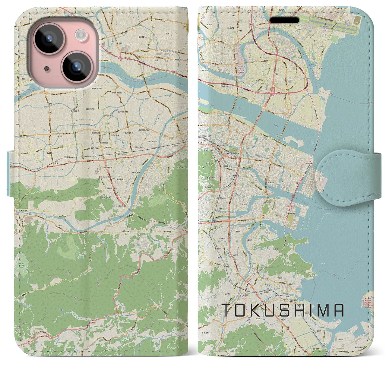 【徳島】地図柄iPhoneケース（手帳両面タイプ・ナチュラル）iPhone 15 Plus 用