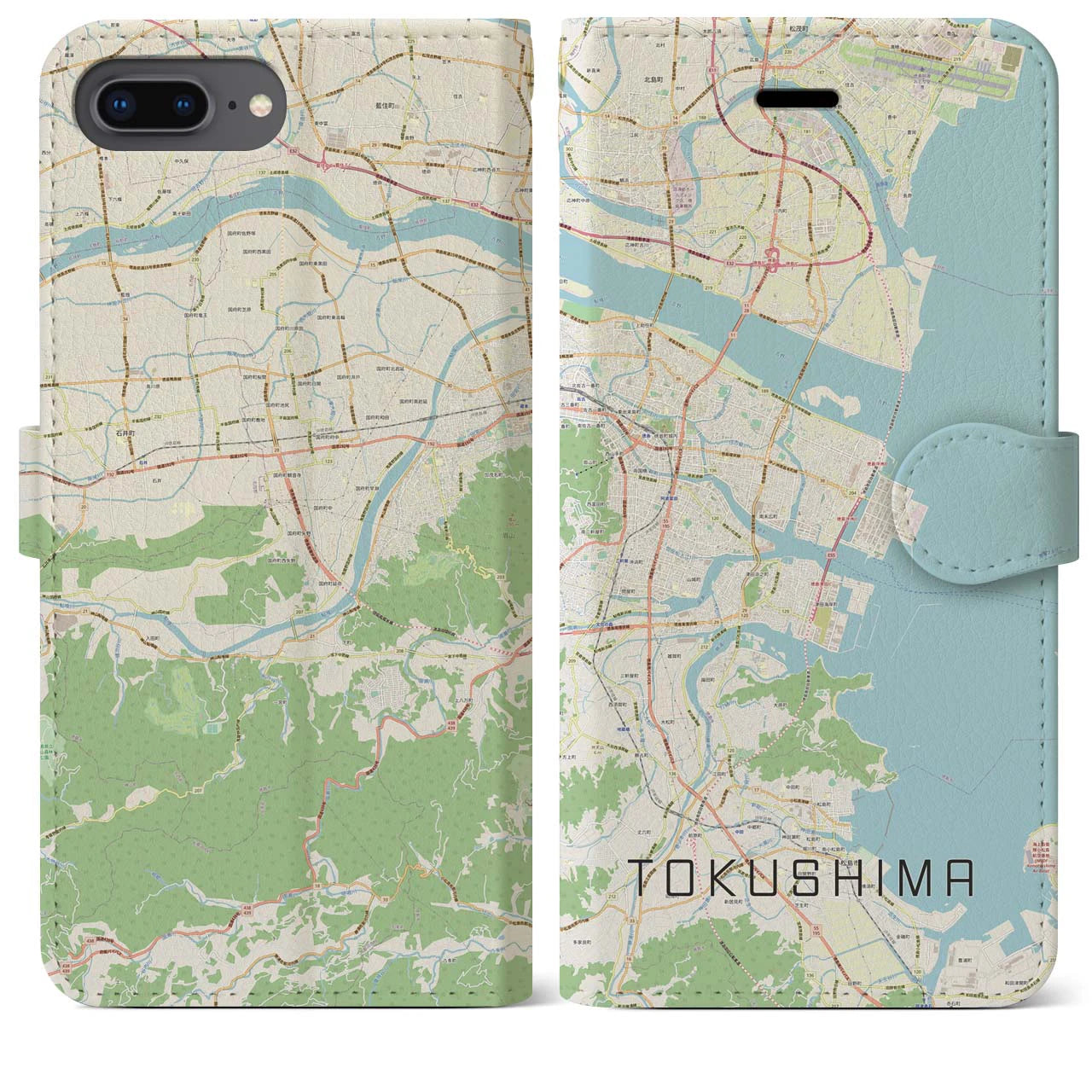 【徳島】地図柄iPhoneケース（手帳両面タイプ・ナチュラル）iPhone 8Plus /7Plus / 6sPlus / 6Plus 用