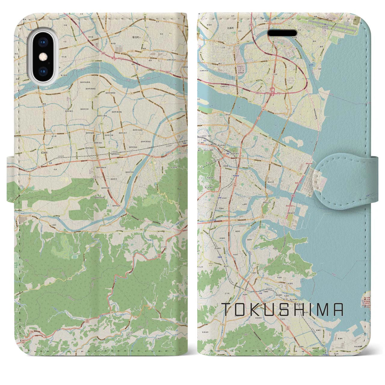 【徳島】地図柄iPhoneケース（手帳両面タイプ・ナチュラル）iPhone XS Max 用
