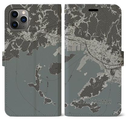 【徳山（山口県）】地図柄iPhoneケース（手帳タイプ）モノトーン・iPhone 11 Pro Max 用