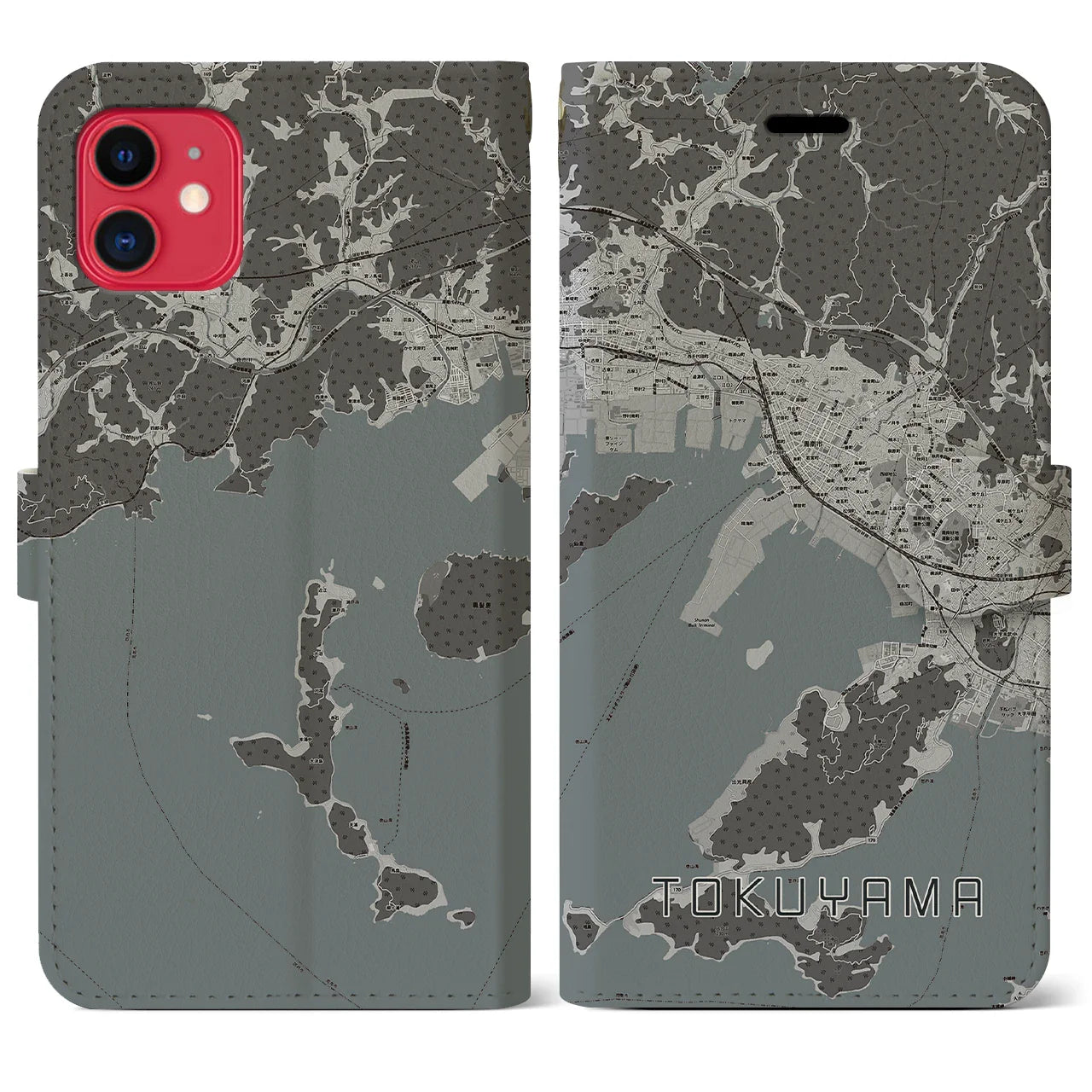 【徳山（山口県）】地図柄iPhoneケース（手帳タイプ）モノトーン・iPhone 11 用