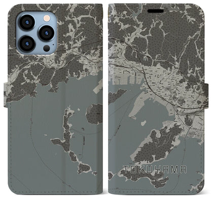 【徳山（山口県）】地図柄iPhoneケース（手帳タイプ）モノトーン・iPhone 13 Pro Max 用