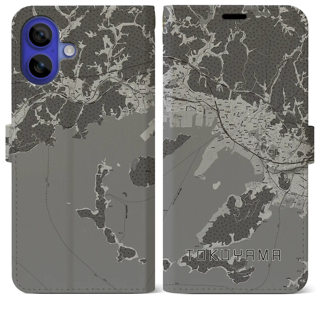 【徳山(山口県)】地図柄iPhoneケース(手帳タイプ)モノトーン・iPhone 16 Pro Max 用