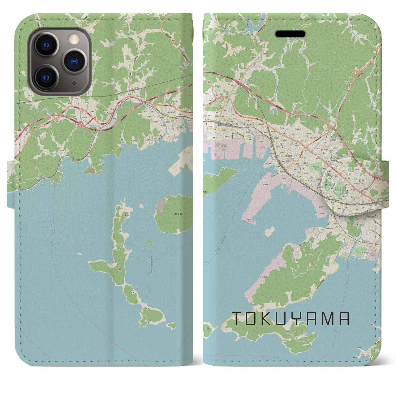 【徳山（山口県）】地図柄iPhoneケース（手帳タイプ）ナチュラル・iPhone 11 Pro Max 用