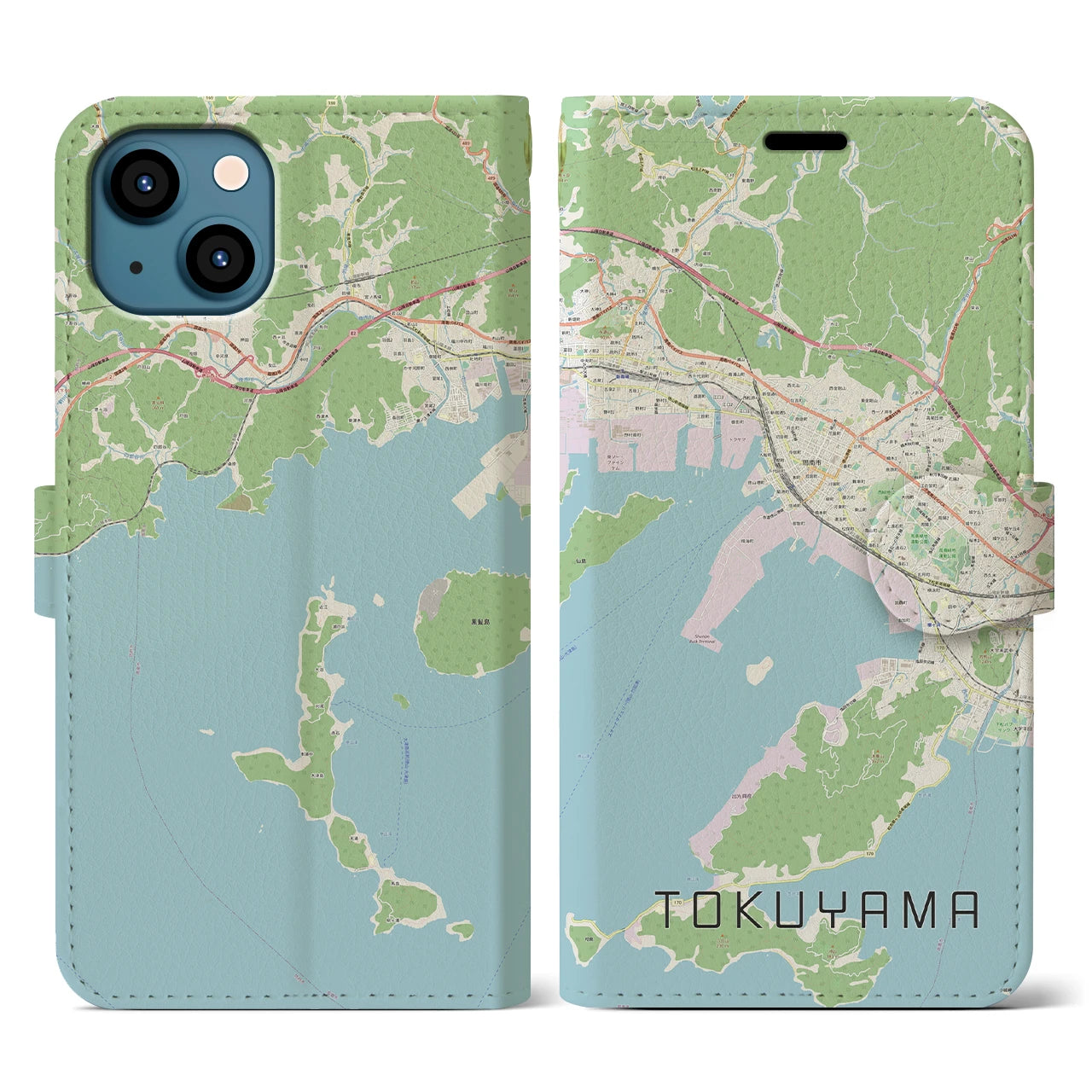 【徳山】地図柄iPhoneケース（手帳両面タイプ・ナチュラル）iPhone 13 用