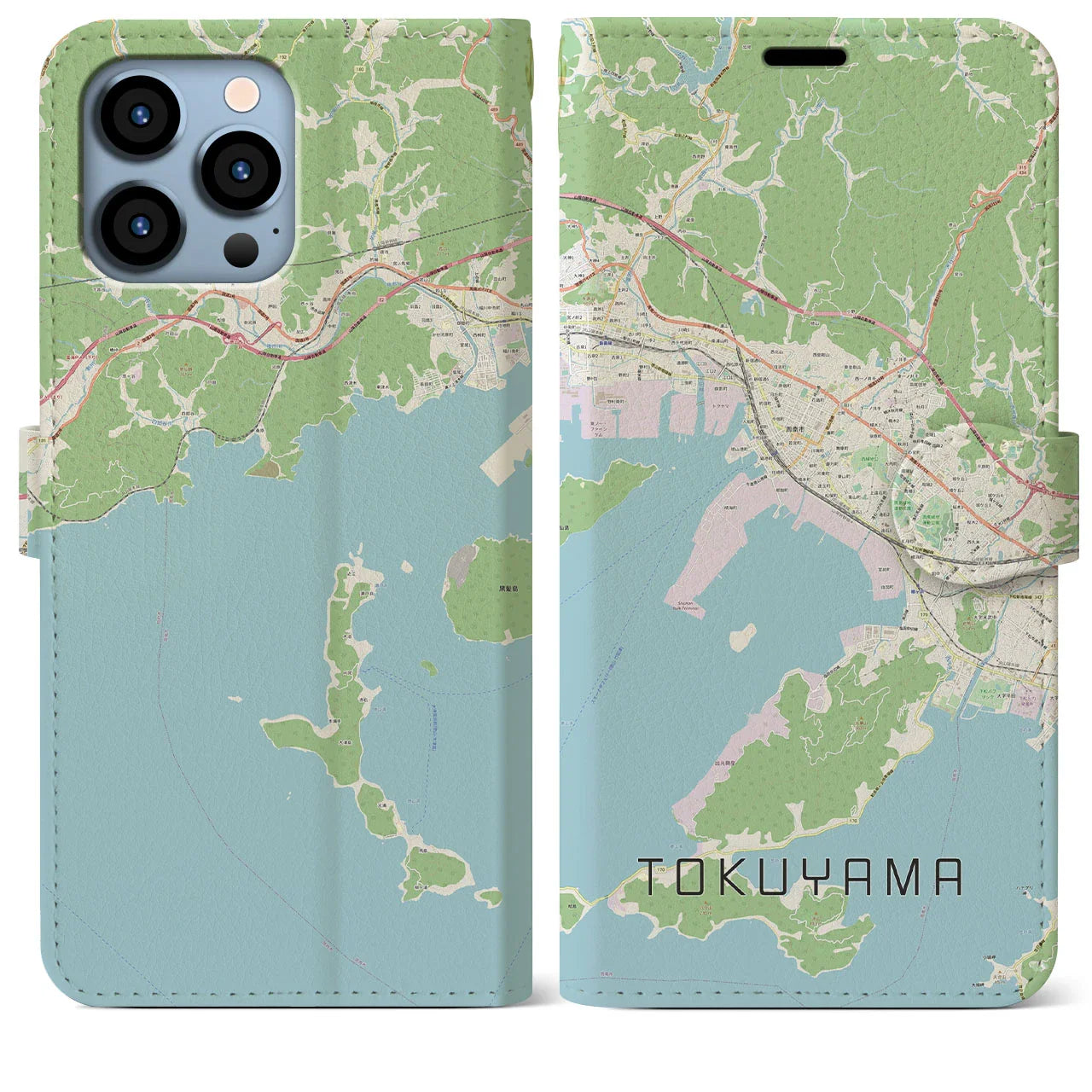 【徳山（山口県）】地図柄iPhoneケース（手帳タイプ）ナチュラル・iPhone 13 Pro Max 用