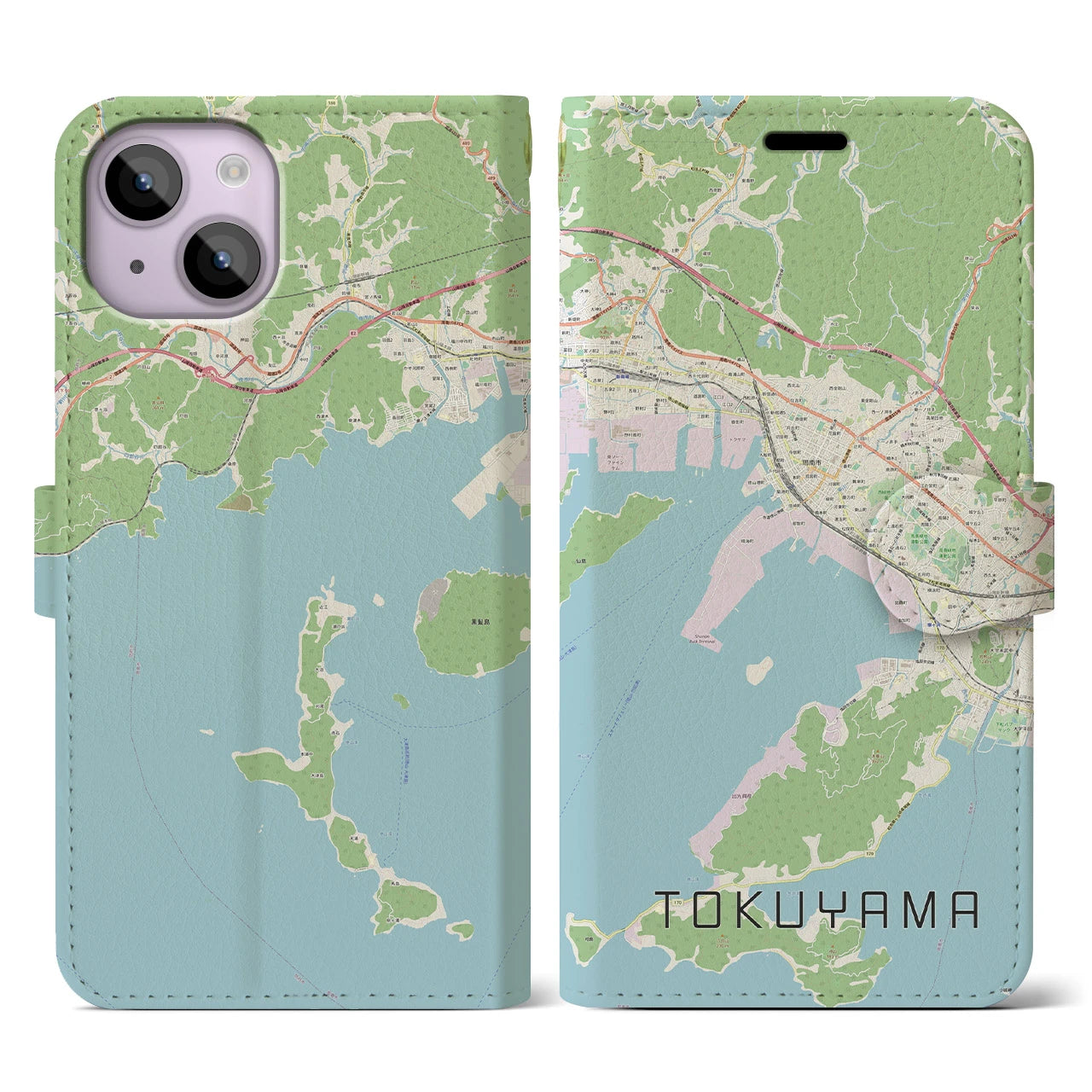 【徳山】地図柄iPhoneケース（手帳両面タイプ・ナチュラル）iPhone 14 用