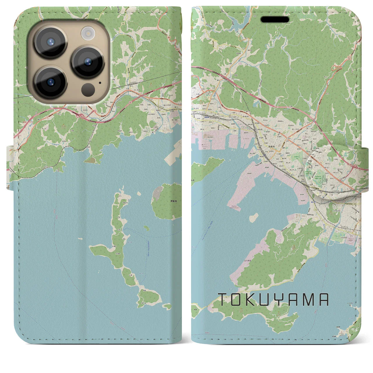 【徳山（山口県）】地図柄iPhoneケース（手帳タイプ）ナチュラル・iPhone 14 Pro Max 用