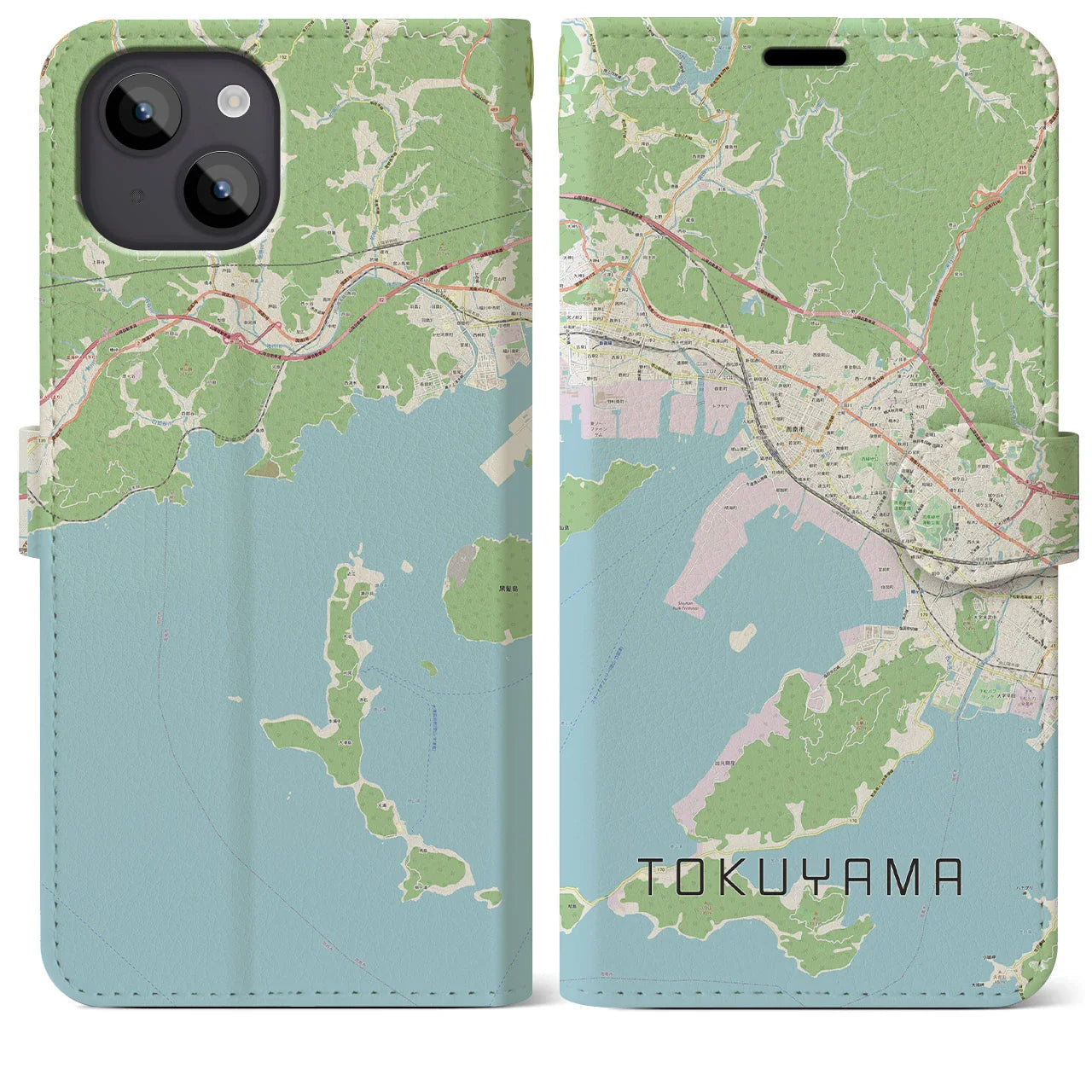 【徳山（山口県）】地図柄iPhoneケース（手帳タイプ）ナチュラル・iPhone 14 Plus 用