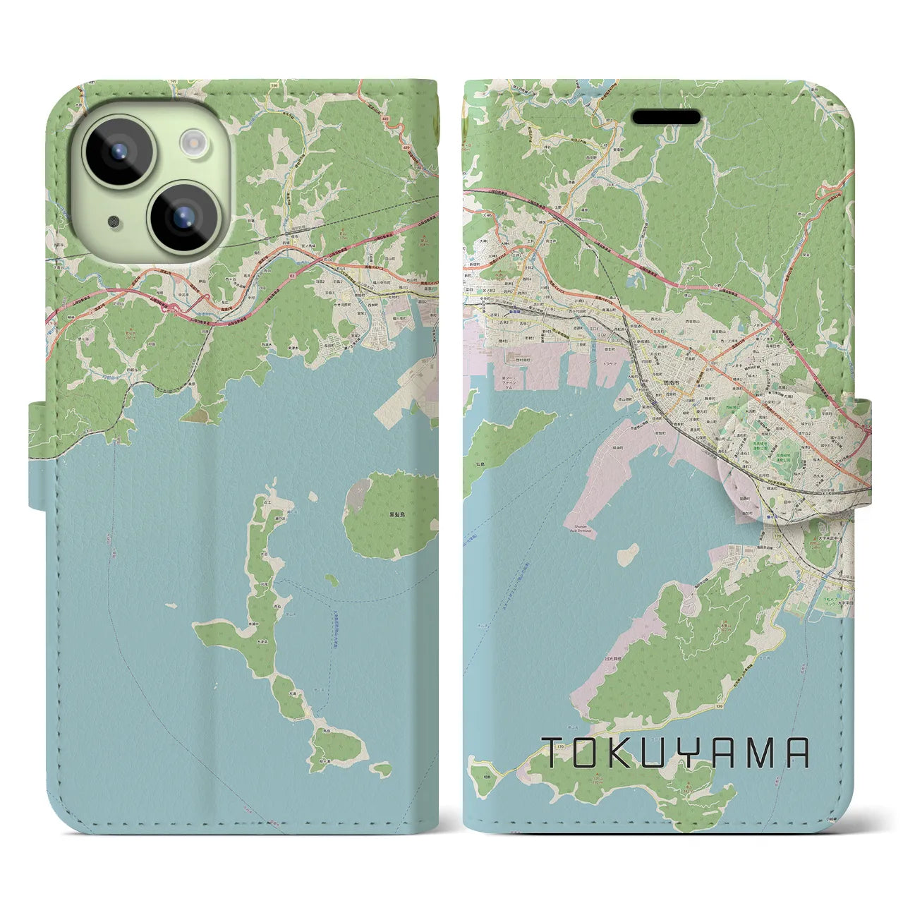 【徳山】地図柄iPhoneケース（手帳両面タイプ・ナチュラル）iPhone 15 用