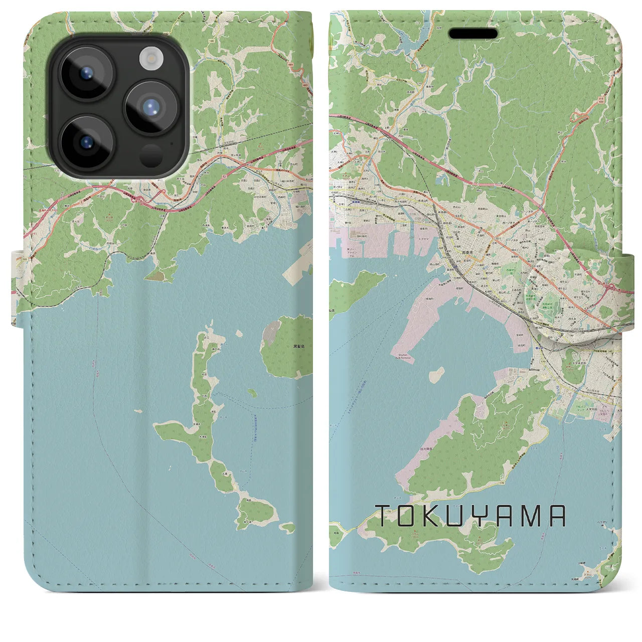 【徳山（山口県）】地図柄iPhoneケース（手帳タイプ）ナチュラル・iPhone 15 Pro Max 用