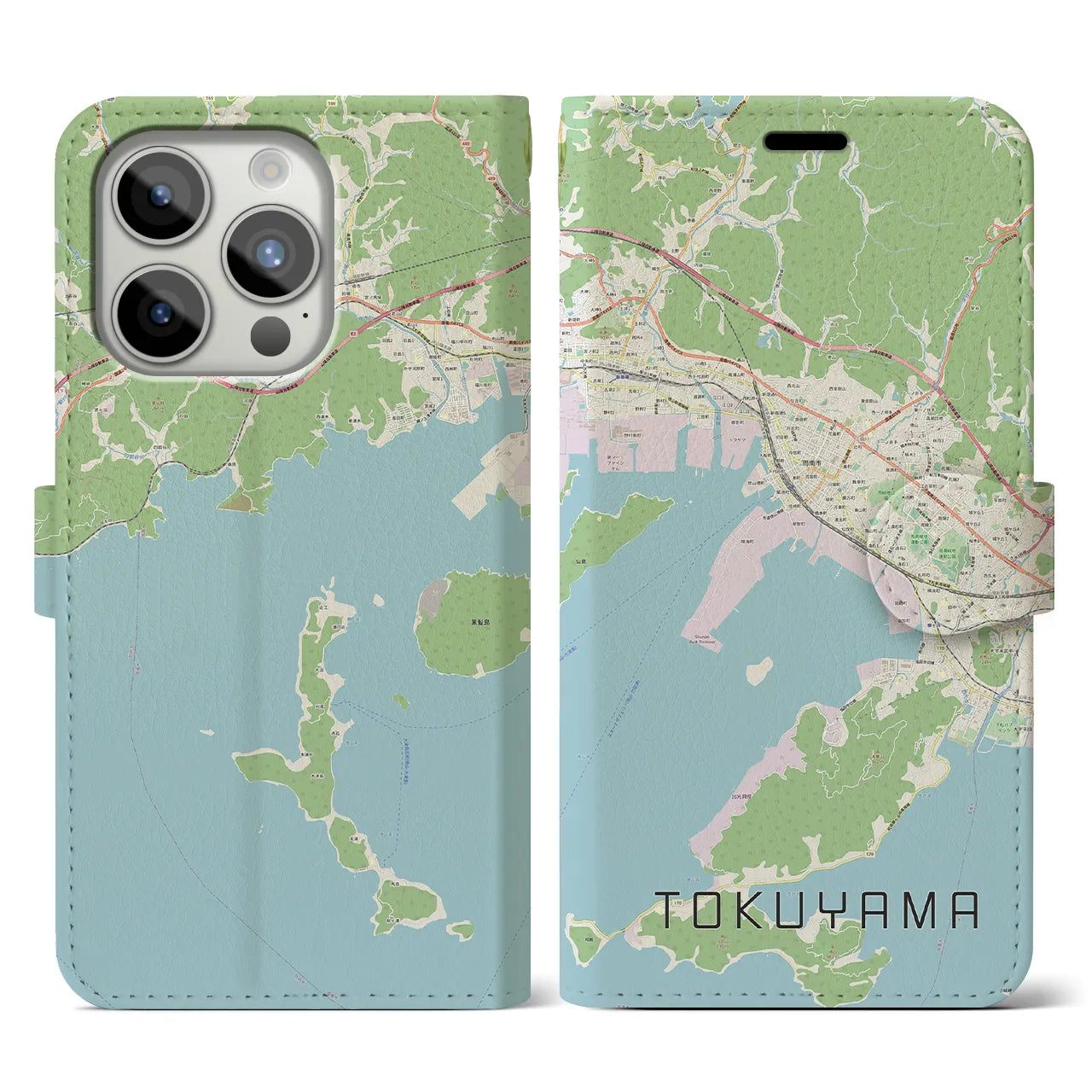 【徳山（山口県）】地図柄iPhoneケース（手帳タイプ）ナチュラル・iPhone 15 Pro 用