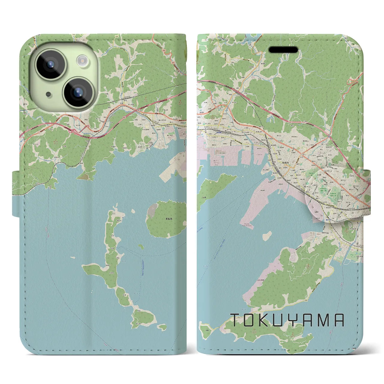 【徳山（山口県）】地図柄iPhoneケース（手帳タイプ）ナチュラル・iPhone 15 用