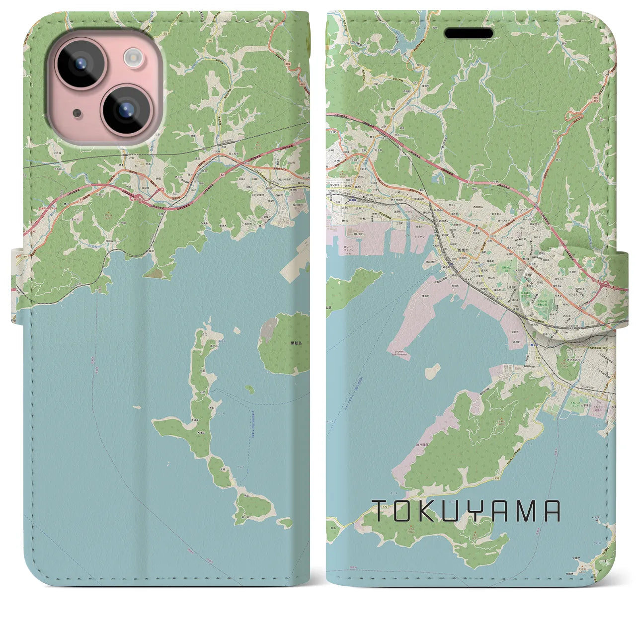 【徳山（山口県）】地図柄iPhoneケース（手帳タイプ）ナチュラル・iPhone 15 Plus 用