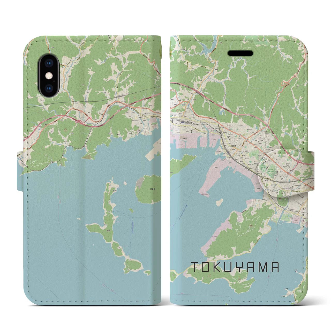 【徳山】地図柄iPhoneケース（手帳両面タイプ・ナチュラル）iPhone XS / X 用