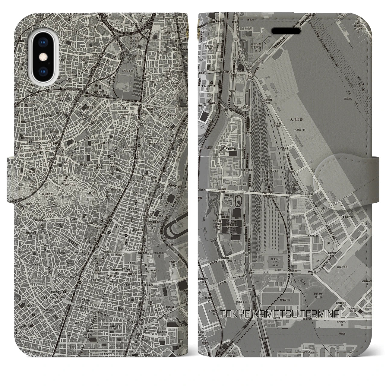 【東京貨物ターミナル（東京都）】地図柄iPhoneケース（手帳タイプ）モノトーン・iPhone XS Max 用