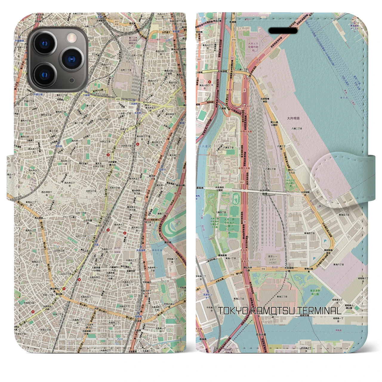 【東京貨物ターミナル（東京都）】地図柄iPhoneケース（手帳タイプ）ナチュラル・iPhone 11 Pro Max 用