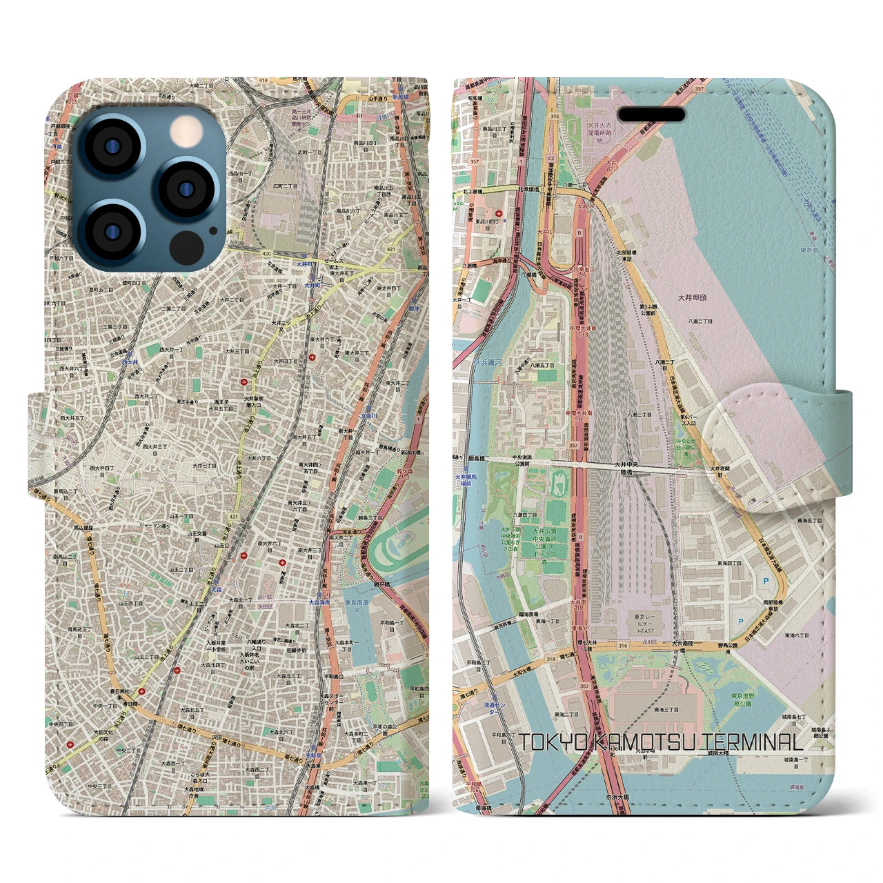 【東京貨物ターミナル（東京都）】地図柄iPhoneケース（手帳タイプ）ナチュラル・iPhone 12 / 12 Pro 用