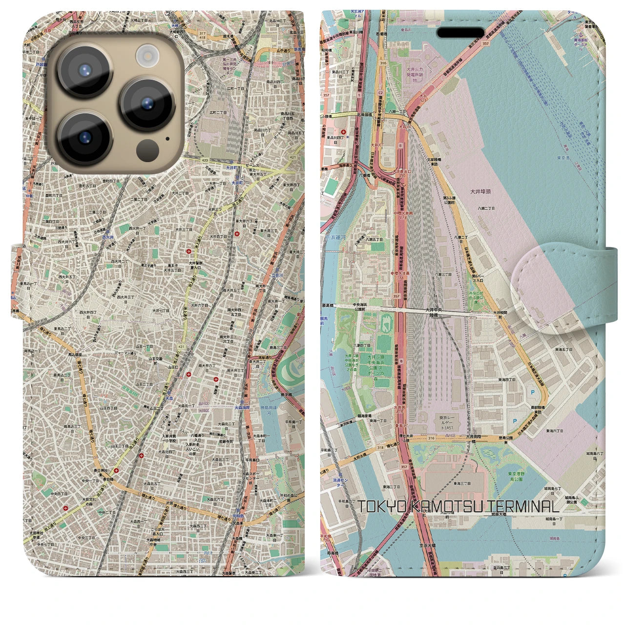 【東京貨物ターミナル（東京都）】地図柄iPhoneケース（手帳タイプ）ナチュラル・iPhone 14 Pro Max 用