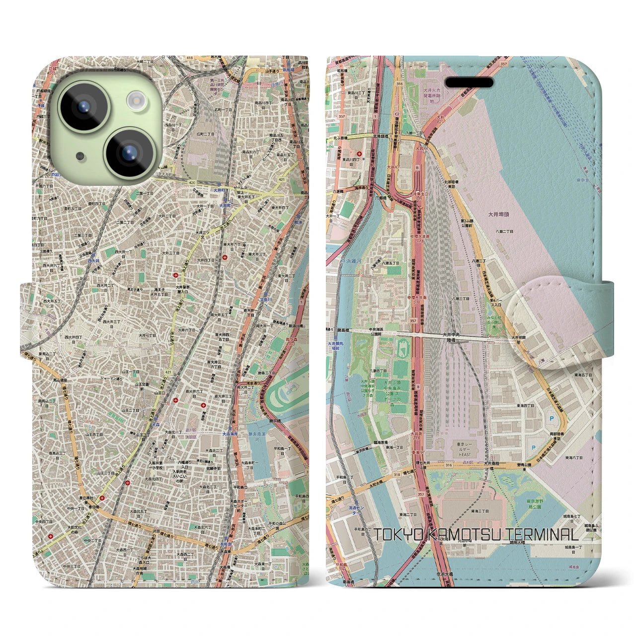 【東京貨物ターミナル（東京都）】地図柄iPhoneケース（手帳タイプ）ナチュラル・iPhone 15 用