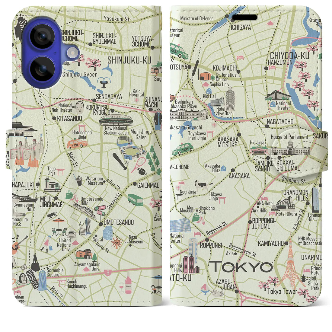 【東京都心西部(イラスト)】イラストマップiPhoneケース(手帳タイプ)ブライト・iPhone 16 Pro Max 用