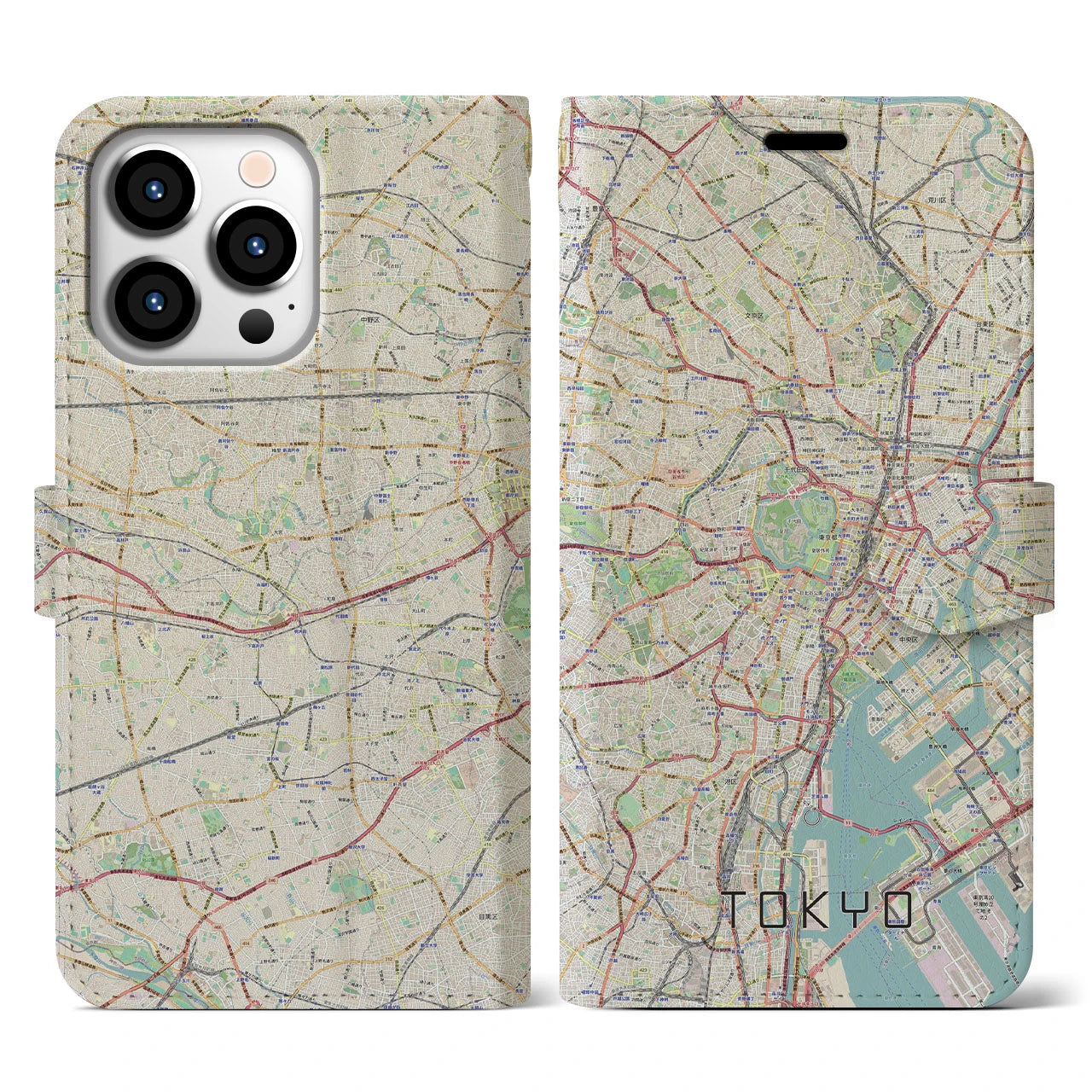 【東京2】地図柄iPhoneケース（手帳両面タイプ・ナチュラル）iPhone 13 Pro 用