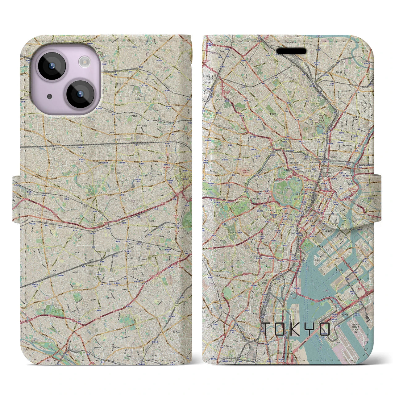【東京2】地図柄iPhoneケース（手帳両面タイプ・ナチュラル）iPhone 14 用