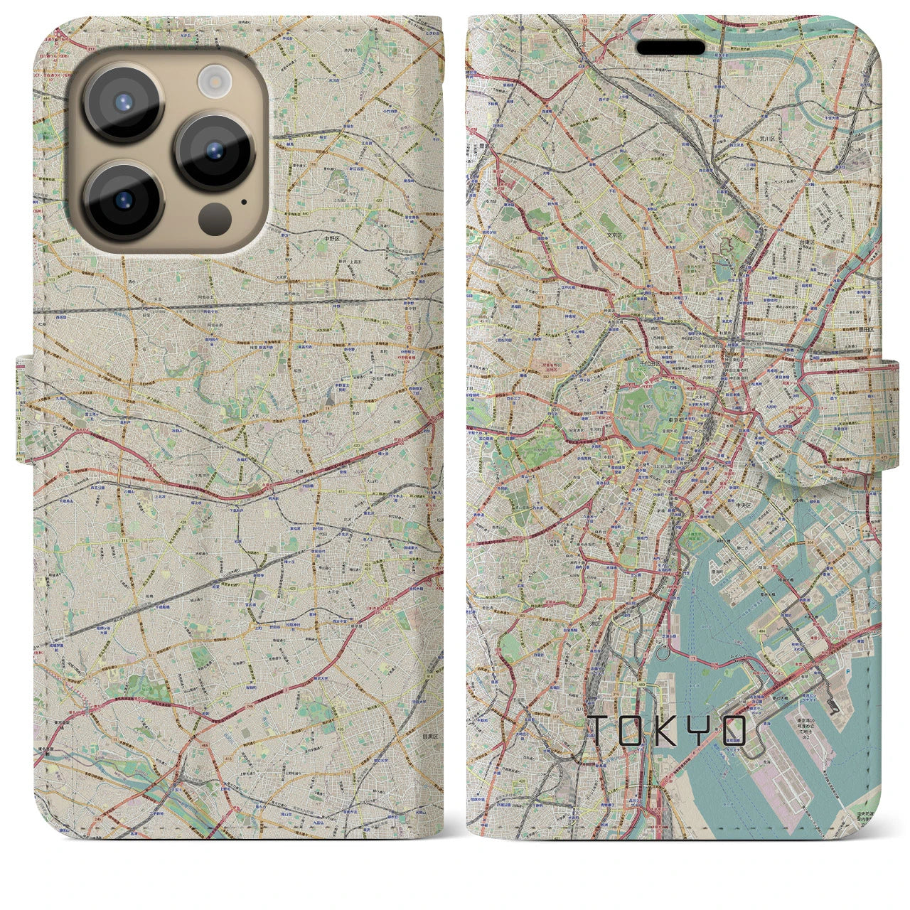 【東京2】地図柄iPhoneケース（手帳両面タイプ・ナチュラル）iPhone 14 Pro Max 用