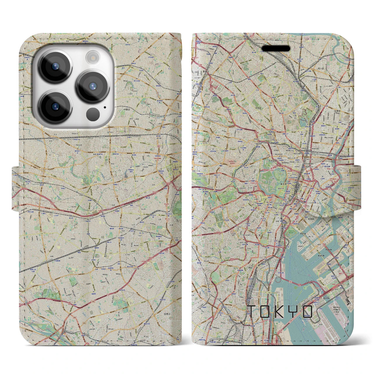 【東京2】地図柄iPhoneケース（手帳両面タイプ・ナチュラル）iPhone 14 Pro 用
