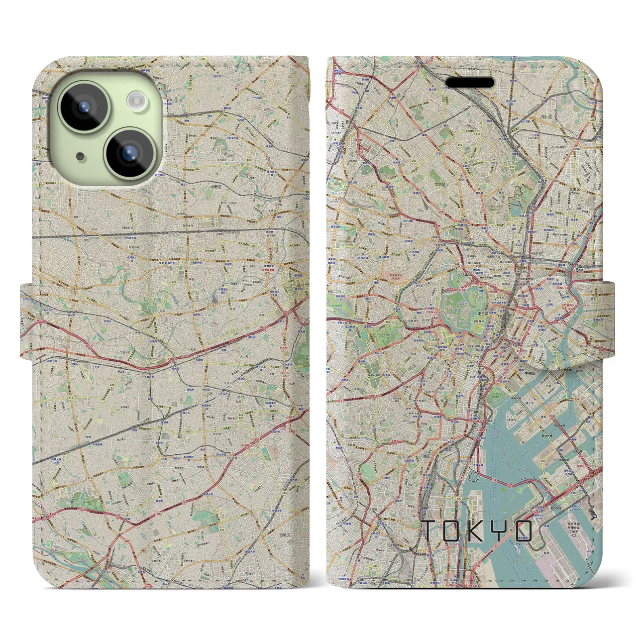 【東京2】地図柄iPhoneケース（手帳両面タイプ・ナチュラル）iPhone 15 用