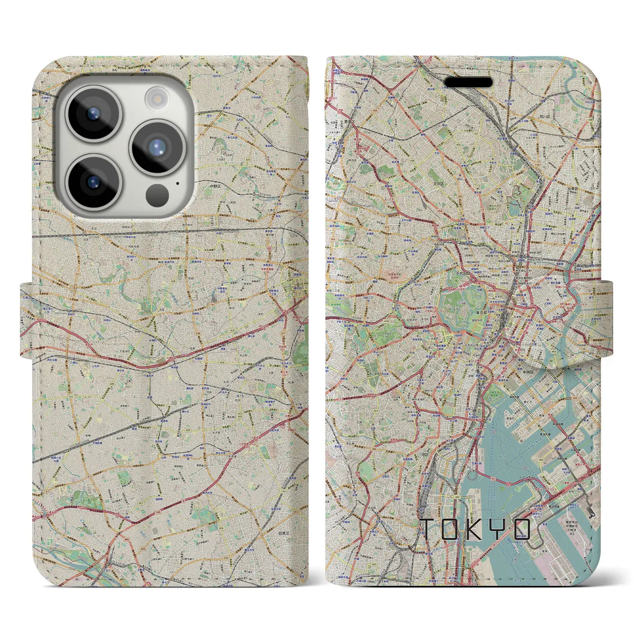 【東京2】地図柄iPhoneケース（手帳両面タイプ・ナチュラル）iPhone 15 Pro 用