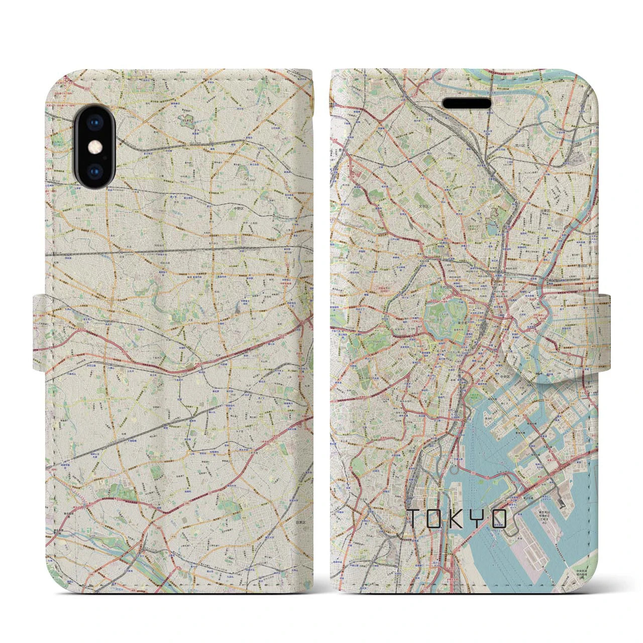 【東京2】地図柄iPhoneケース（手帳両面タイプ・ナチュラル）iPhone XS / X 用