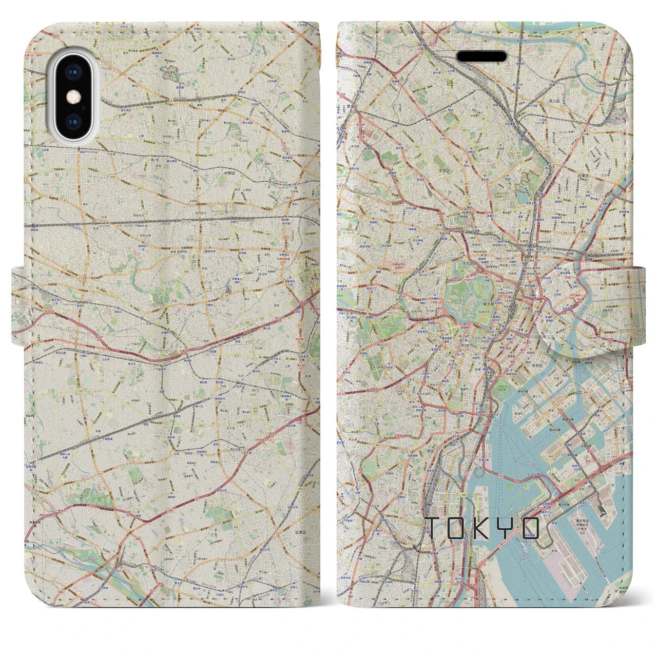 【東京2】地図柄iPhoneケース（手帳両面タイプ・ナチュラル）iPhone XS Max 用