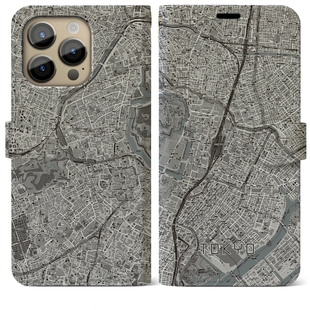 【東京】地図柄iPhoneケース（手帳両面タイプ・モノトーン）iPhone 14 Pro Max 用
