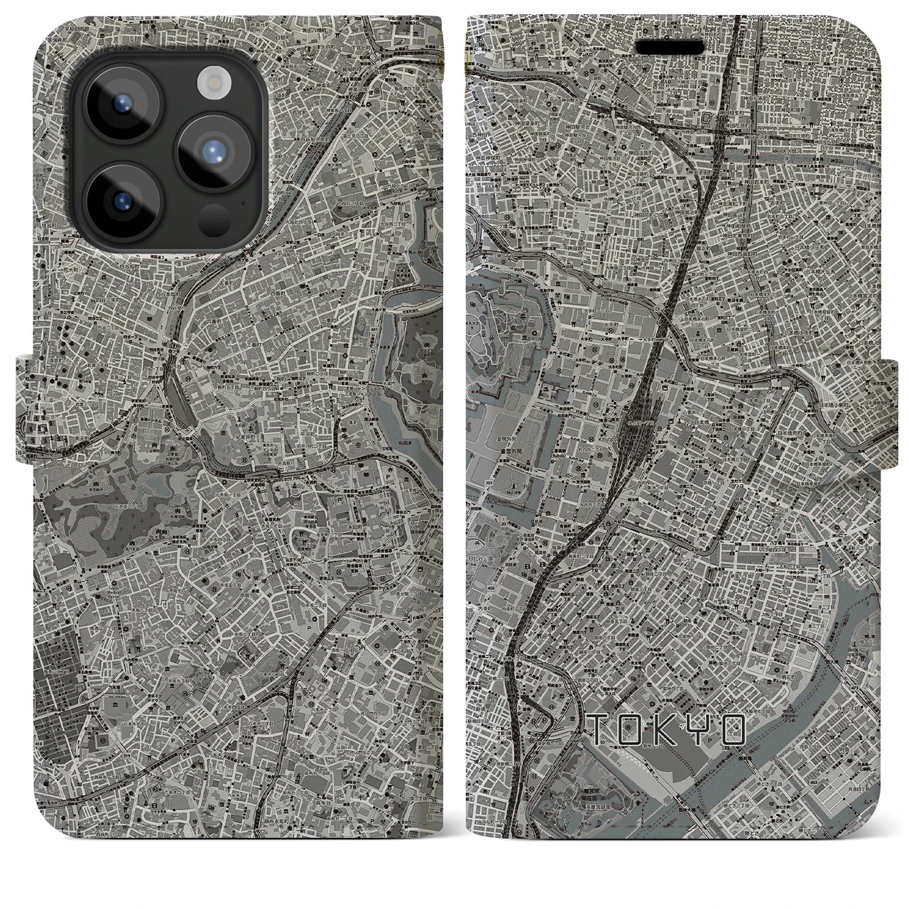 【東京】地図柄iPhoneケース（手帳両面タイプ・モノトーン）iPhone 15 Pro Max 用