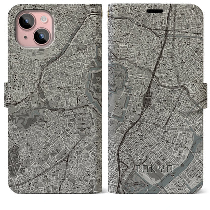 【東京（東京都）】地図柄iPhoneケース（手帳タイプ）モノトーン・iPhone 15 Plus 用