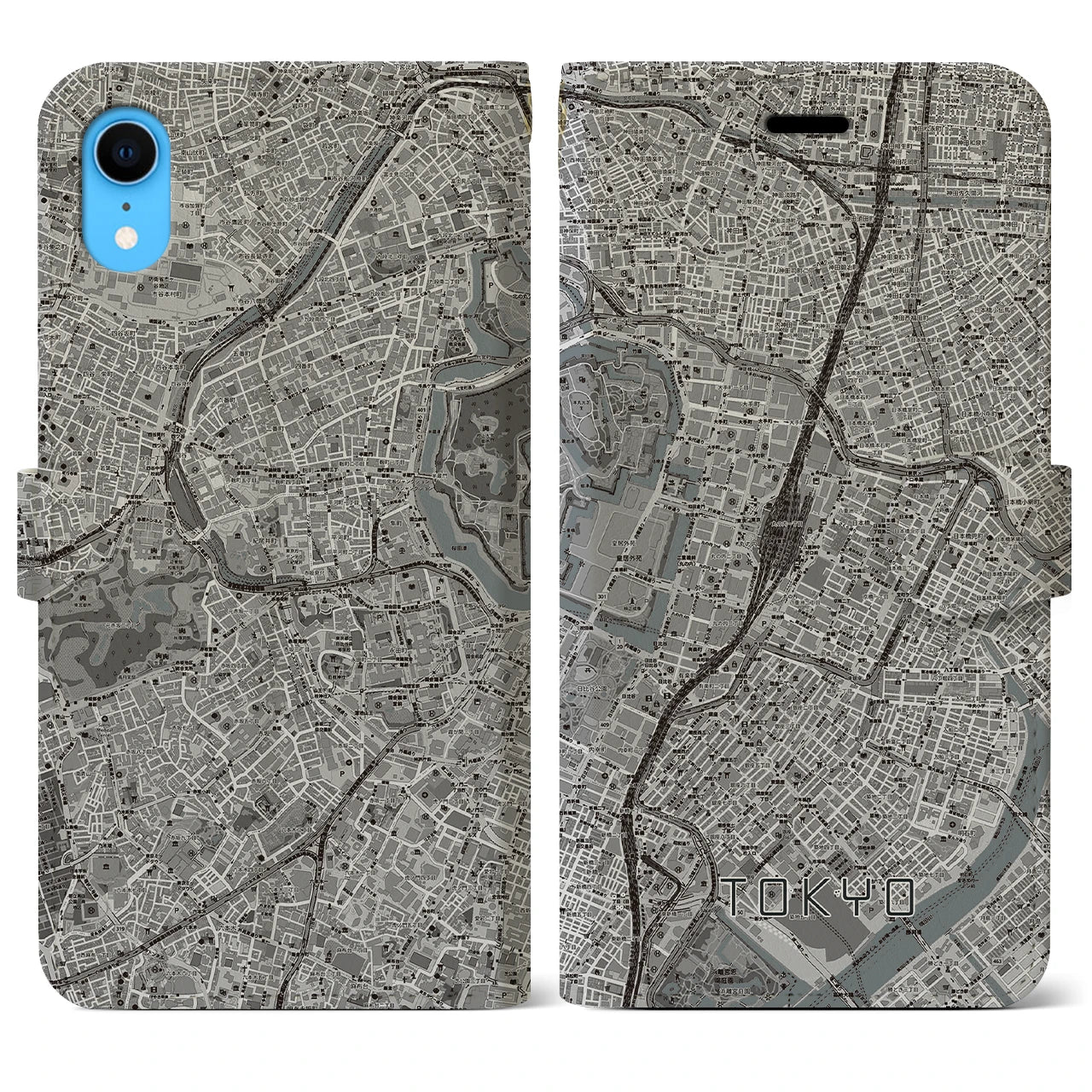 【東京】地図柄iPhoneケース（手帳両面タイプ・モノトーン）iPhone XR 用