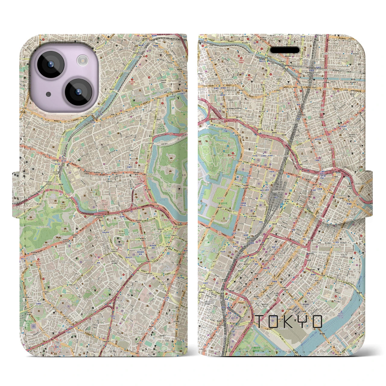 【東京】地図柄iPhoneケース（手帳両面タイプ・ナチュラル）iPhone 14 用