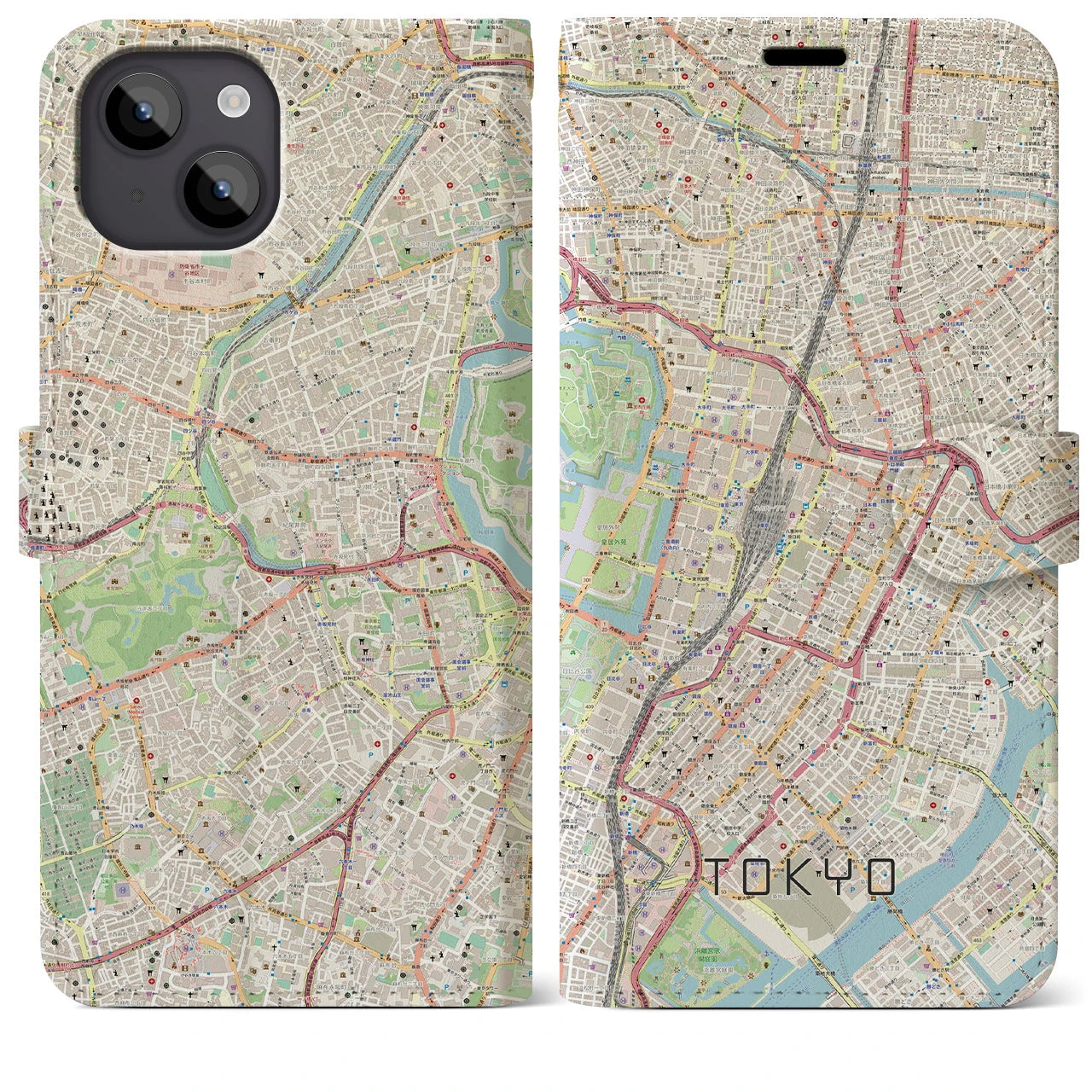 【東京】地図柄iPhoneケース（手帳両面タイプ・ナチュラル）iPhone 14 Plus 用
