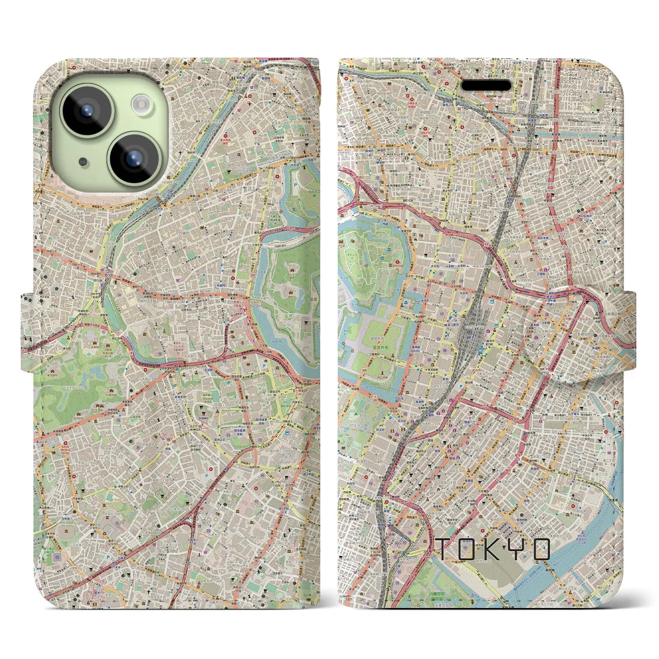 【東京】地図柄iPhoneケース（手帳両面タイプ・ナチュラル）iPhone 15 用
