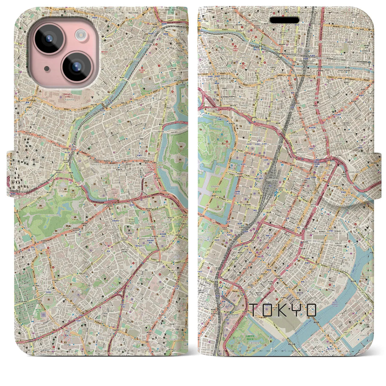 【東京】地図柄iPhoneケース（手帳両面タイプ・ナチュラル）iPhone 15 Plus 用