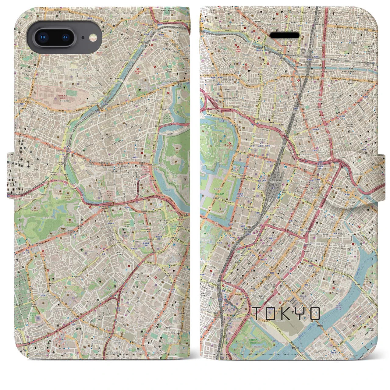 【東京】地図柄iPhoneケース（手帳両面タイプ・ナチュラル）iPhone 8Plus /7Plus / 6sPlus / 6Plus 用