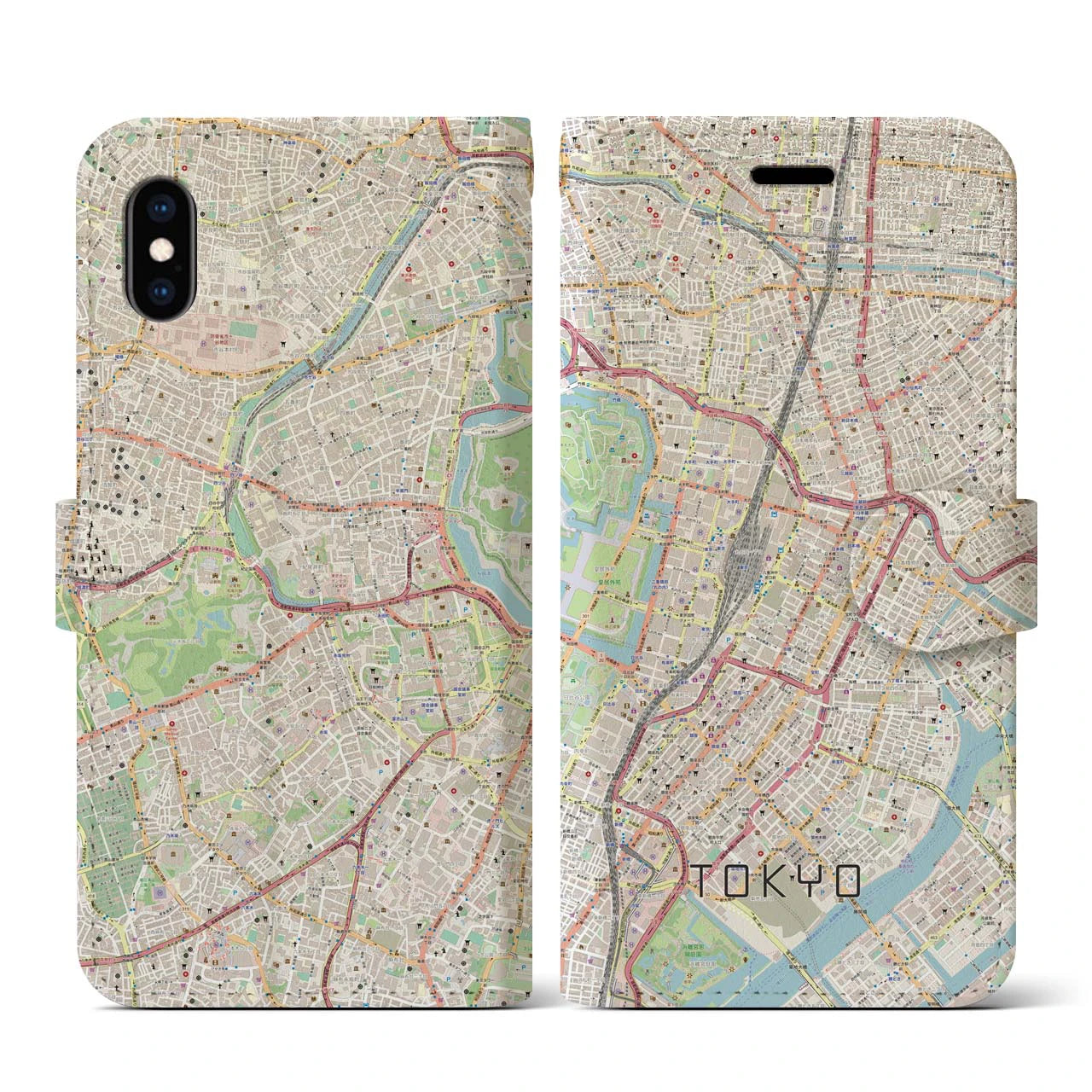 【東京】地図柄iPhoneケース（手帳両面タイプ・ナチュラル）iPhone XS / X 用