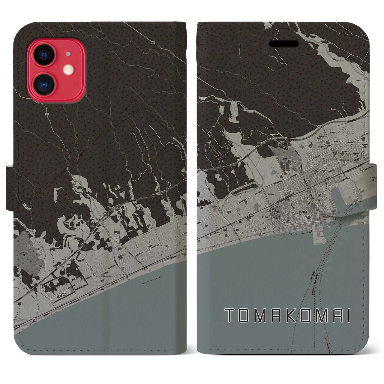 【苫小牧】地図柄iPhoneケース（手帳両面タイプ・モノトーン）iPhone 11 用
