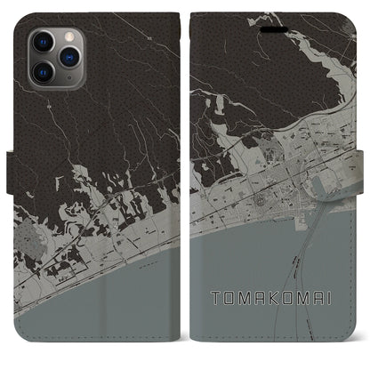 【苫小牧（北海道）】地図柄iPhoneケース（手帳タイプ）モノトーン・iPhone 11 Pro Max 用