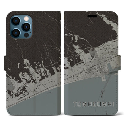 【苫小牧（北海道）】地図柄iPhoneケース（手帳タイプ）モノトーン・iPhone 12 / 12 Pro 用